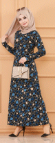 Robe extra longue imprimee ronds - Couleur motifs bleu indigo
