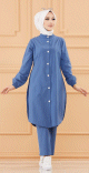 Ensemble casual moderne : Tunique boutonnee et son pantalon (Vetements Hijeb ample pour femmes) - Couleur bleu indigo
