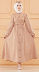 Robe en coton ample et evasee avec broderies discretes pour femme (Vetement style habille pour hijab) - Couleur beige