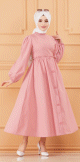 Robe en coton habillee ample et evasee avec broderies discretes pour femme (Vetement classique pour hijab) - Couleur rose poudre