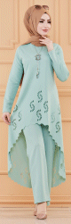 Ensemble decoupe au laser : Tunique et pantalon assorti pour femme (Vetement hijab classe) - Couleur menthe