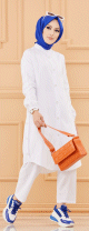 Ensemble casual : Tunique boutonnee chemise longue et son pantalon assorti (Vetement Hijab femme moderne 2022) - Couleur blanc