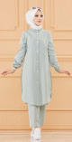 Ensemble decontracte : Tunique boutonnee (chemise longue) et son pantalon (Vetement Hijab moderne mastour pour femme) - Couleur menthe