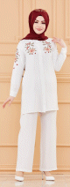 Ensemble chemise-tunique brodee et pantalon pour femme (Tenue habillee pour Hijab) - Couleur blanc