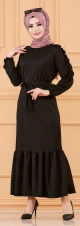 Robe classique evasee a volants pour femme avec ceinture (Robes pour femmes voilees - Nouveaute 2022) - Couleur noir