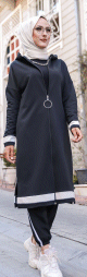 Cardigan style decontracte et sport zippe a capuche pour femme (Vetement islamique moderne - France) - Couleur noir