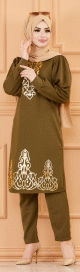 Ensemble deux pieces pour gemme : tunique a motif dore et pantalon (Tenue hijab) - Couleur kaki