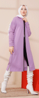 Cardigan Gilet long zippe style decontracte et sport col a capuche pour femme voilee - Couleur lilas