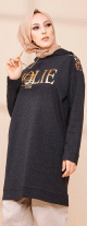 Tunique decontractee ample pour femme type sweat-shirt avec capuche et imprime dore - Couleur anthracite