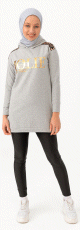 Tunique decontractee ample pour femme type sweat-shirt avec capuche et imprime dore - Couleur gris clair