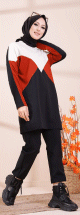 Tunique originale pour femme - Sweat-shirt tricolore - Couleur blanc noir et brique
