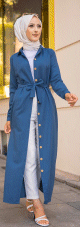 Robe boutonnee avec ceinture assortie pour femme (Tenue de ville chic pour hijab) - Couleur bleu petrole