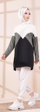 Tunique originale pour femme - Sweat-shirt tricolore - Couleur blanc noir et Kaki
