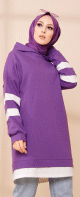 Tunique decontractee avec capuche (Vetement hijab) - Couleur violet avec bandes blanches