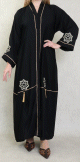 Robe Abaya Dubai noire de qualite avec strass dores et broderies