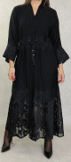 Robe de soiree style Abaya Dubai noire ouverte de qualite avec broderie et strass et ceinture interne