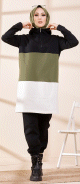 Tunique a capuche tricolore (Vetement decontracte moderne pour femme voilee) - Couleur noir, blanc et kaki
