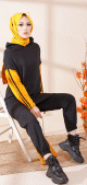 Tunique bicolore avec capuche pour femme (Tenue Hijab moderne et Sport) - Couleur noir et jaune moutarde