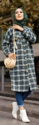 Chemise longue a carreaux (Vetement pour musulmane tendance fashion 2022) - Couleur noir et vert