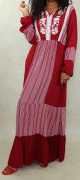 Robe coton a manches longues a rayures et broderies florales pour femme - Couleur bordeaux