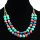 Collier ethnique artisanal deux rangs imitation pierres rondes et difformes multicolores agencees de perles argentees, vertes et en bois